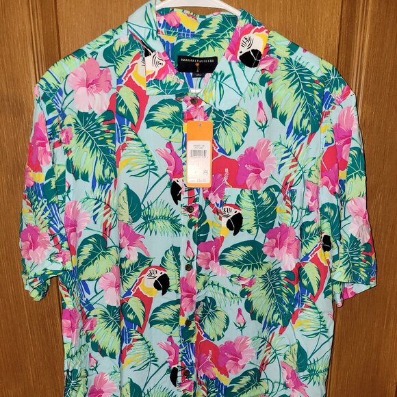 Margaritaville Other - Margaritaville Green and Pink Tropical Casual Shirt with Parrots - Large - NWT